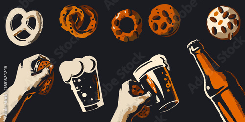Hands holding pretzels and beer glasses with a bottle in a stylized illustration