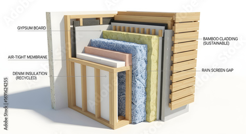 Sustainable building concept illustrated through a detailed wall cross-section with recycled insulation and bamboo cladding for thermal efficiency