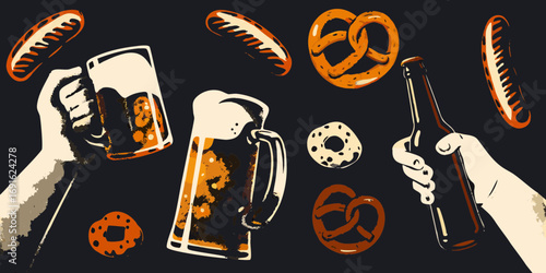 Hands holding beer mugs and bottle surrounded by sausages pretzels and donuts on dark background