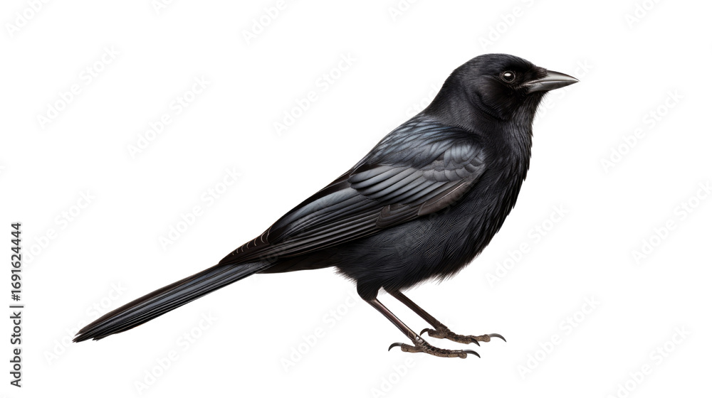 Fototapeta premium Black bird perched small dark feathered wildlife animal isolated on white background