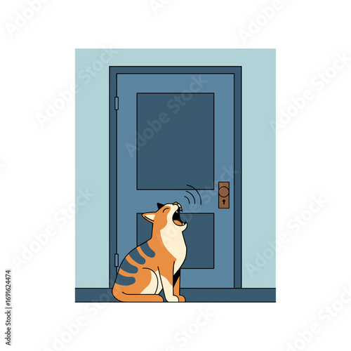 Cat meowing in front of closed door in colorful interior  