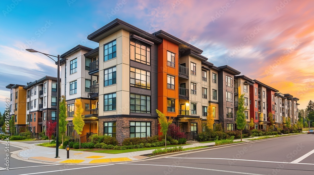 Fototapeta premium A modern apartment complex with geometric architecture glowing under the warm hues of a sunset.