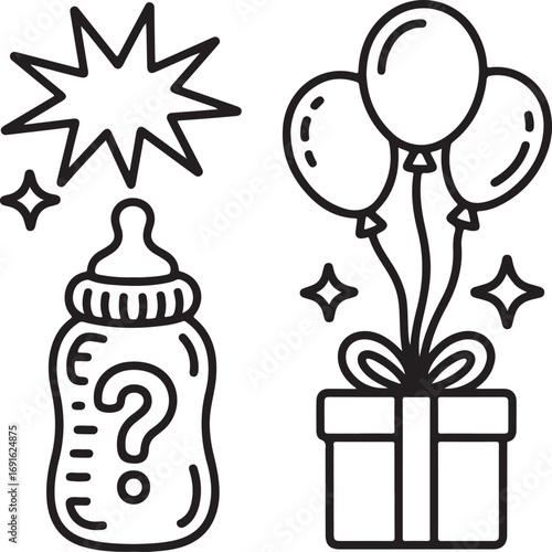Hand-Drawn Baby Bottle Icon Pack for Gender Reveal Party with Stars, Balloons, Gift Box, and Question Mark Symbol