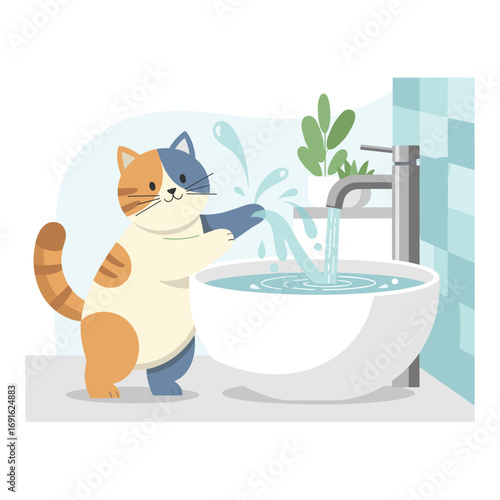 Cute cat playing with water in a modern bathroom sink  