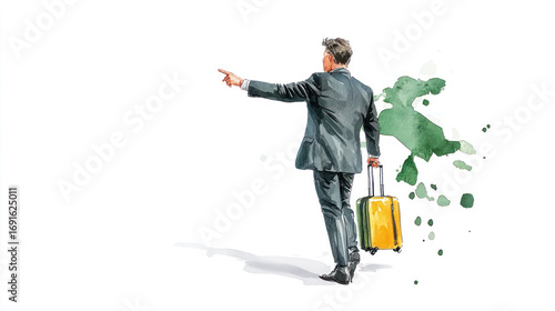 Green watercolor painting of professional manager pointing away