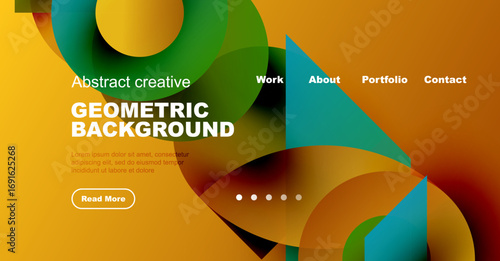 Abstract geometric design. Vibrant colors overlap, creating dynamic visual experience. Website header with navigation options present.