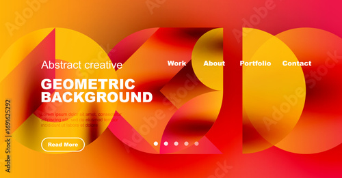 Abstract geometric background features vibrant orange, yellow hues. Website header includes navigation options, text, button. Modern design.