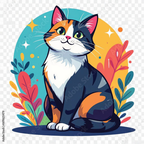 Cute Calico Cat with Colorful Leaves and Stars