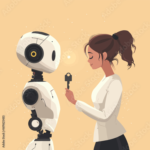 businesswoman receiving key to unlock idea from AI robot , vector style simple color