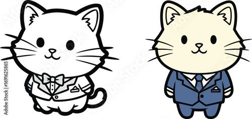 Vector art of charming cartoon cat in a suit, , available in both colored and outline versions