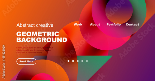 Vibrant geometric background features overlapping colorful circles. Text includes portfolio details, contact options, plus sample content.
