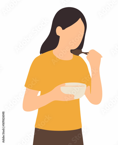 A simple flat vector illustration of a woman holding a bowl and spoon, enjoying her meal. Depiction of daily life, nutrition, and healthy eating habits