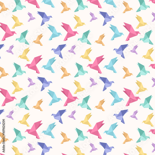 Pattern of Colorful Origami Birds in Geometric Paper Fold Style