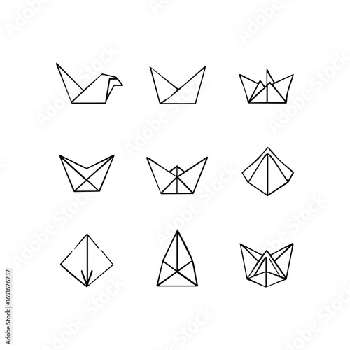 Set of Origami Line Icons with Paper Boat, Bird, and Geometric Shapes
