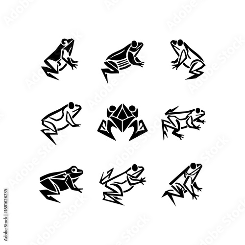 Set of Black Frog Silhouette Icons in Tribal and Geometric Style