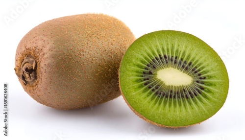 Whole and sliced kiwi fruit on white background
