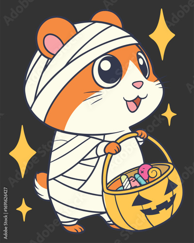 Cute Hamster Mummy Trick or Treat Halloween Cartoon with Candy