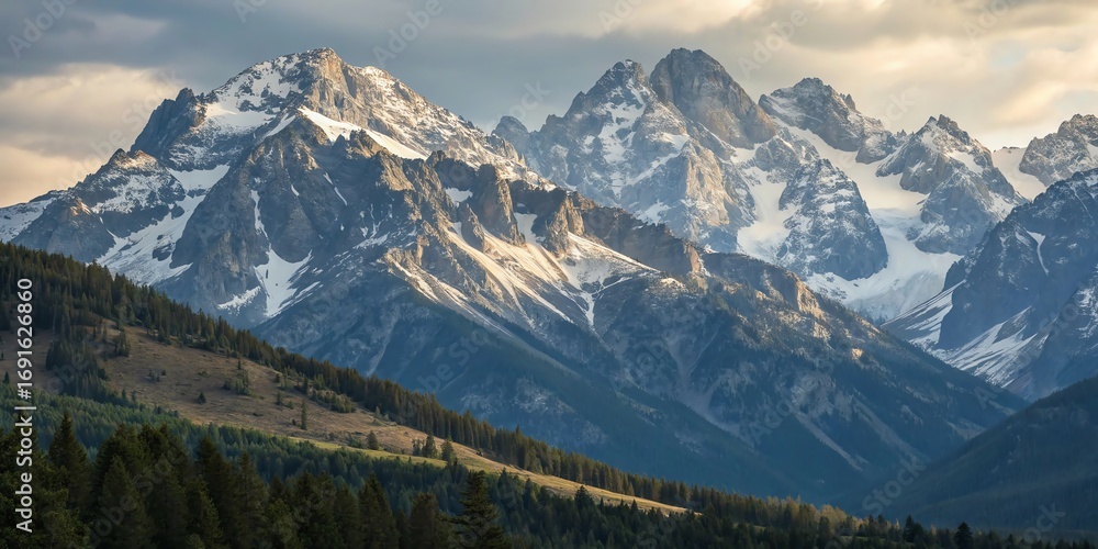 custom made wallpaper toronto digitalMajestic snow capped mountain peaks bathed in golden sunlight under a dramatic cloudy sky