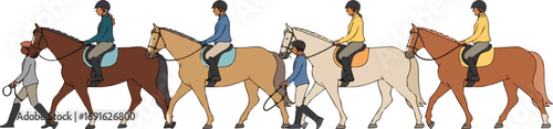 Illustration of horses and riders in a row being led by men