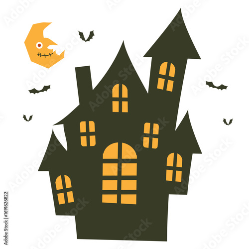 ハロウィンのお化け屋敷とコウモリ、月のイラストセット/Halloween Haunted House and Bats, Moon Illustration Set