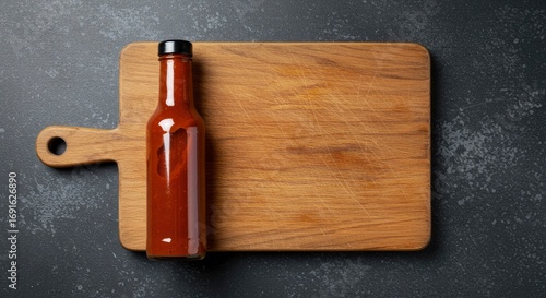 Top view of a hot sauce bottle on a wooden cutting board with copy space.