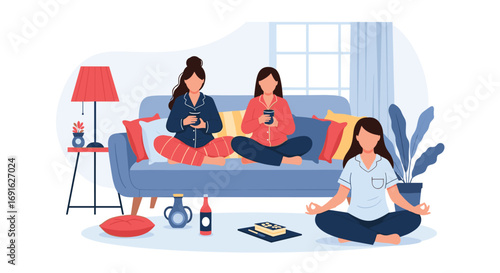 Relaxed women enjoying a peaceful yoga session in cozy pajamas at home for wellness and healthy lifestyle