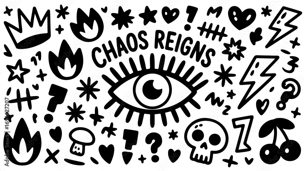 Chaos Reigns: Black and White Doodle Pattern Chaos Reigns: Black and White Doodle Pattern