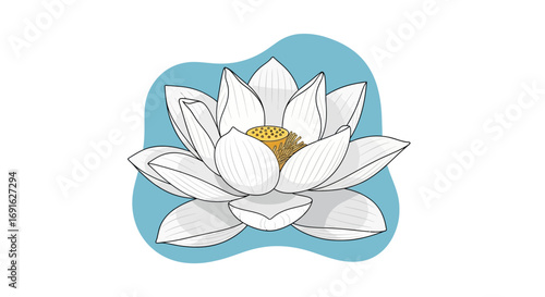 A serene white lotus flower illustration symbolizing purity, enlightenment, and rebirth, set against a soft blue background, perfect for spiritual and wellness themes