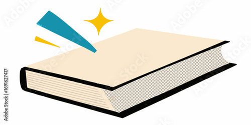 A closed book with a blue and yellow abstract graphic element and a yellow starburst symbolizing knowledge and discovery