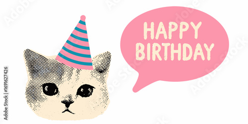 Cute cat wearing party hat with happy birthday speech bubble illustration