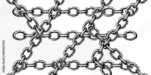 Interconnected metal chains forming a complex geometric pattern on a white background