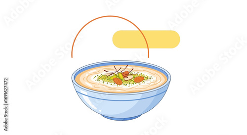 A bowl of creamy dessert, garnished with slivered almonds and pistachios, is depicted in a charming illustration, perfect for culinary content and food blogs, showcasing delicious sweet treats