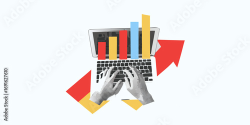 Hands typing on a laptop with a growing bar chart and upward trending arrow symbolizing financial growth and success