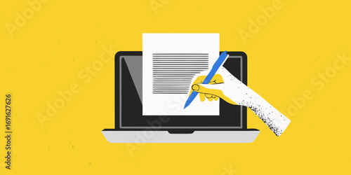 Illustration of a hand writing on a document displayed on a laptop screen against a yellow background