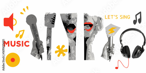 Creative illustration of musical elements including microphones headphones and abstract shapes with the word music