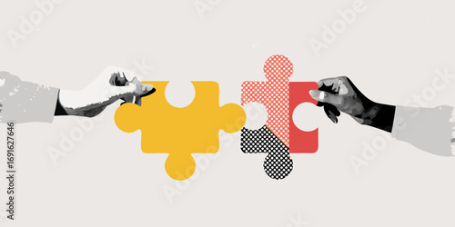 Two hands connecting puzzle pieces representing teamwork and collaboration in a stylized graphic design