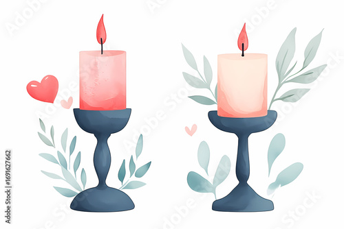 Romantic watercolor candles with hearts and leaves.