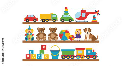 Charming shelves filled with vibrant classic toys, ideal for children's room decor and playful designs