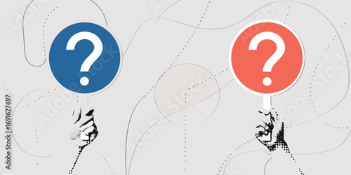 Two hands holding question marks in blue and red circles symbolizing confusion and inquiry