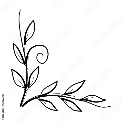 Botanical corner frame Line Art Clipart Hand Drawn Black and White Leaf Outline Illustration Fall Foliage Transparent Background for Stickers Journals Scrapbooking Craft printable