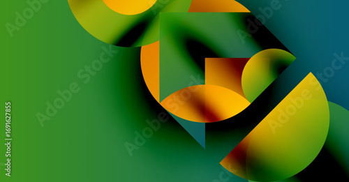 Abstract shapes overlap, creating dynamic composition. Green dominates background, accented by orange, yellow, brown hues. Modern design.