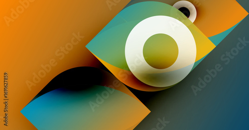 Abstract geometric shapes overlap. Warm orange contrasts cool teal. Circular elements dominate composition. Modern design, vibrant colors present.