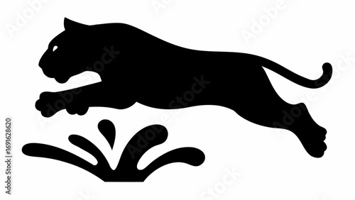 Silhouette of a panther leaping over a splash of water in a dynamic and minimalist black and white design