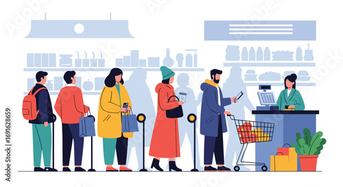 Shoppers waiting in line at the supermarket checkout buying groceries and everyday household items