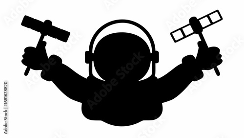 Silhouette of a person with headphones holding two window cleaning squeegees in a black and white image