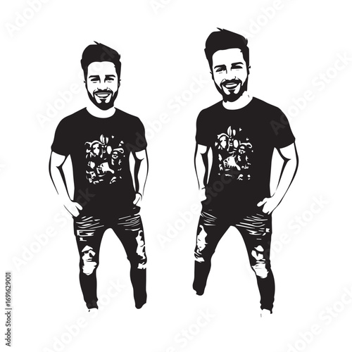 Handsome Man Black and White Illustration Vector Image Male Portrait Fashion Sketch Line Art Design	
