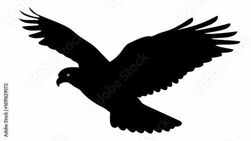 Silhouette image of a soaring bird with outstretched wings against a white background design element
