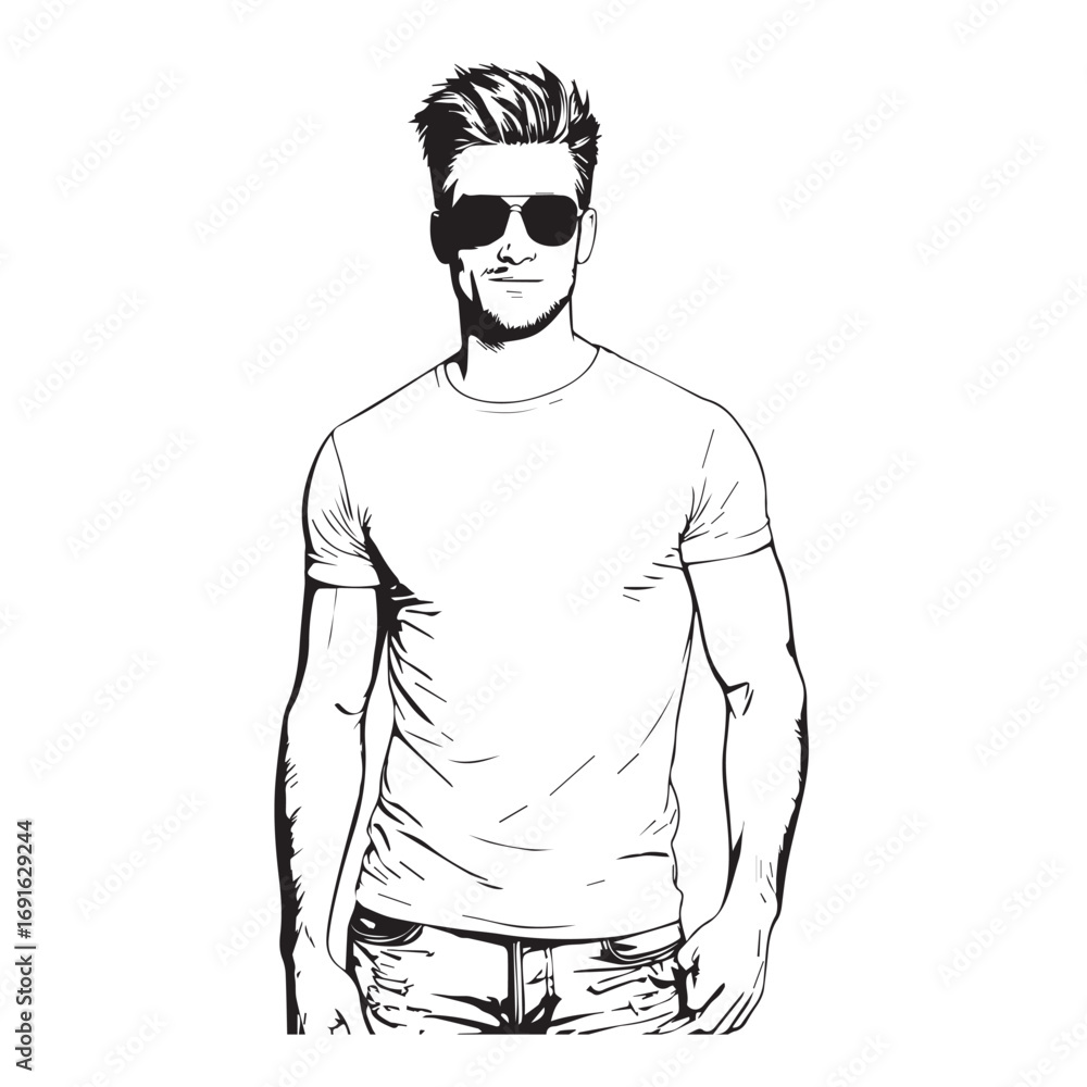 Fototapeta premium Handsome Man Black and White Illustration Vector Image Male Portrait Fashion Sketch Line Art Design 