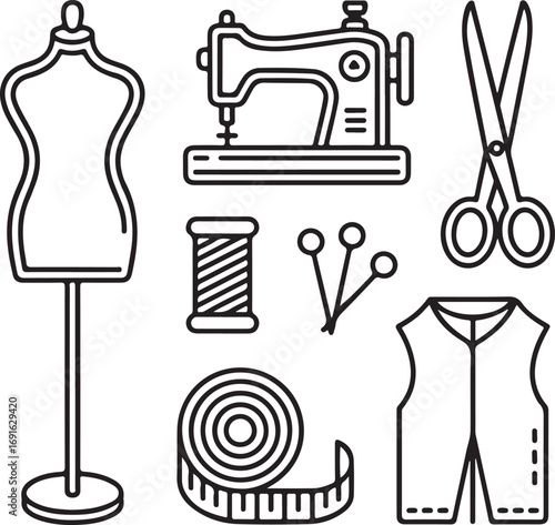 Hand-Drawn Dressmaking Icon Pack Fashion Design Tools Sewing Machine, Mannequin, Scissors, Fabric, Needle, and Thread