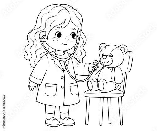 Cute Pediatrician Girl Cartoon Line Art Illustration